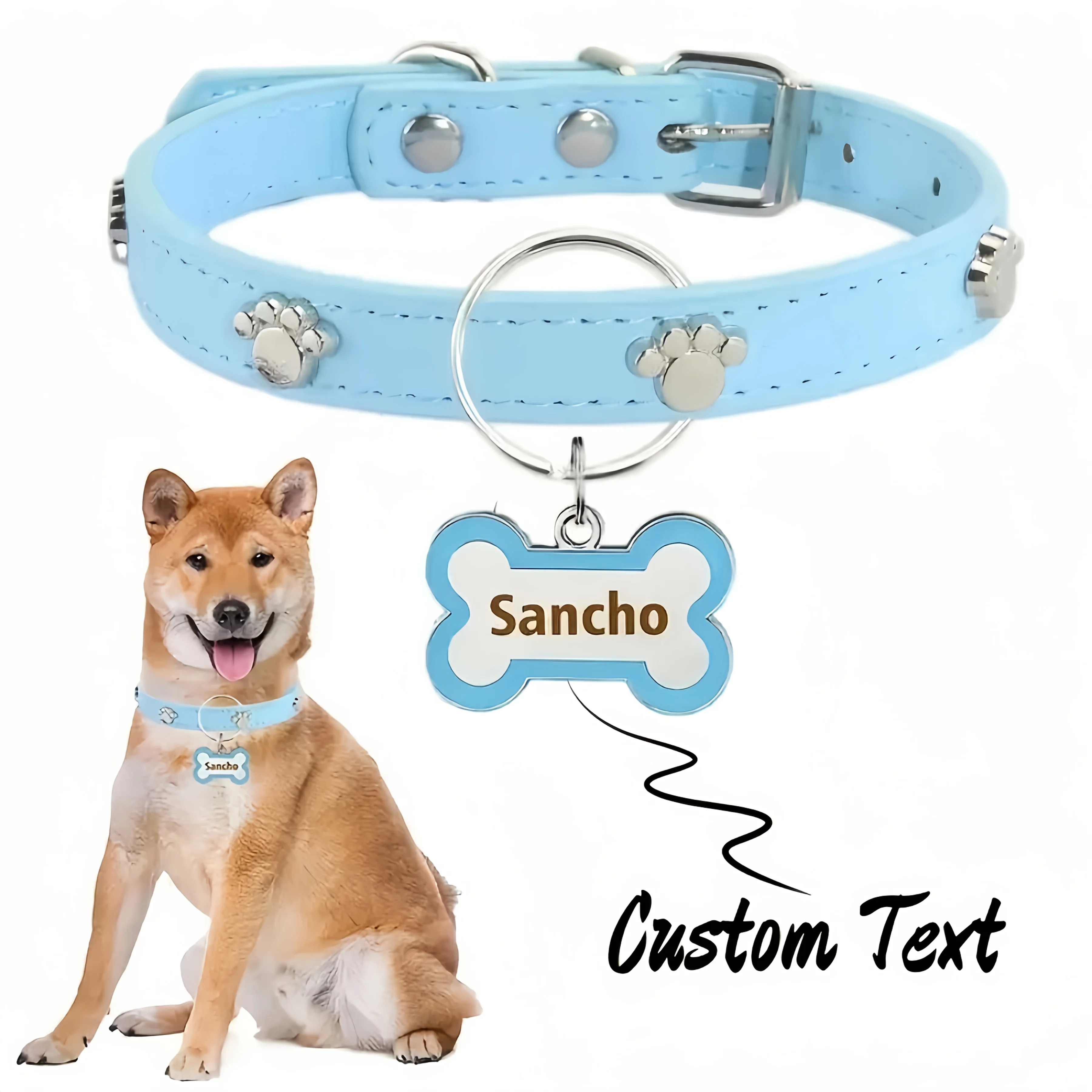 Customized Leather Dog Collar with Bone-Shaped Pet Tag, Double-Sided Engraved Pet Name and Phone 1005008727883305