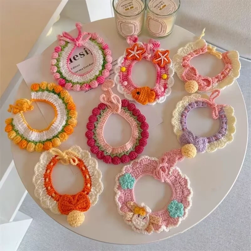 Cat Dog Knitted Collar Crochet Collar Pet Drool Scarf Bib Orchid Bell Flower Cute Photo Jewelry 1005008786342588