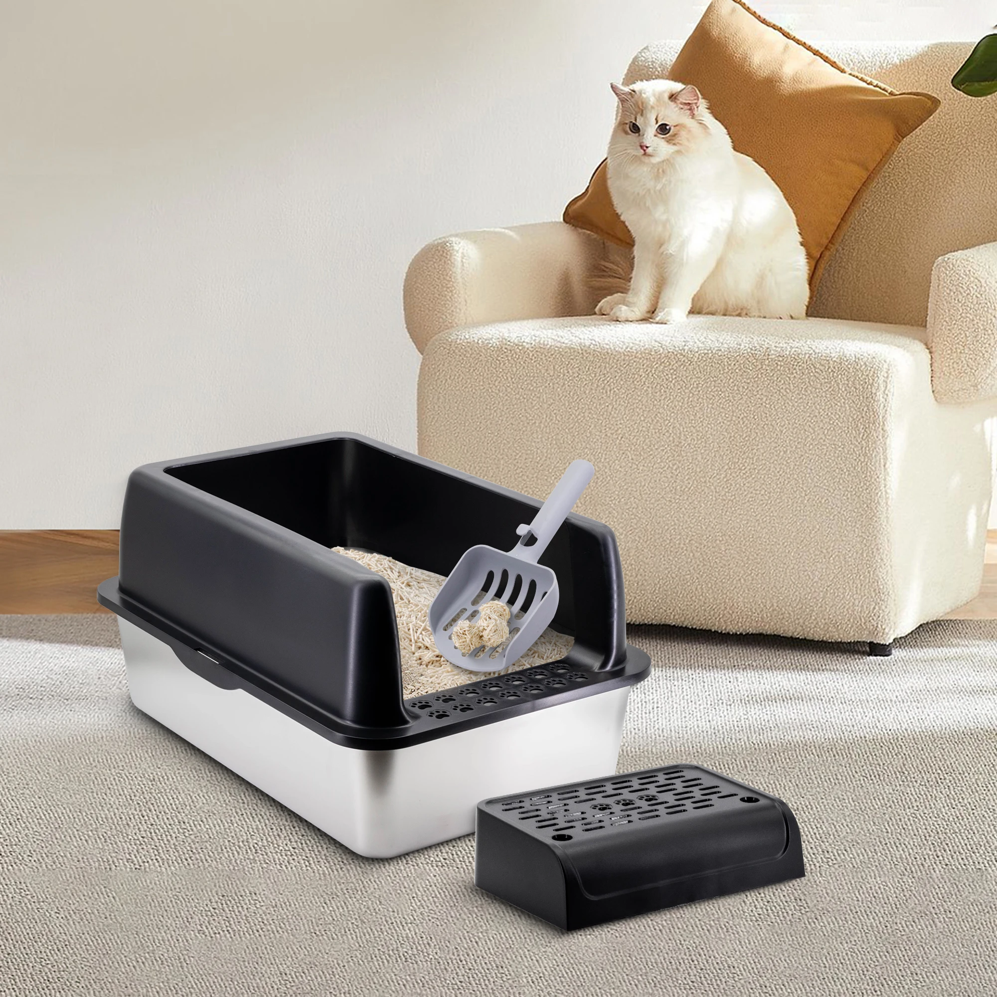 Enclosed Stainless Steel Cat Litter Box with Lid Large Toilet for Big Cats XL Metal Pan Tray High 1005008807080832