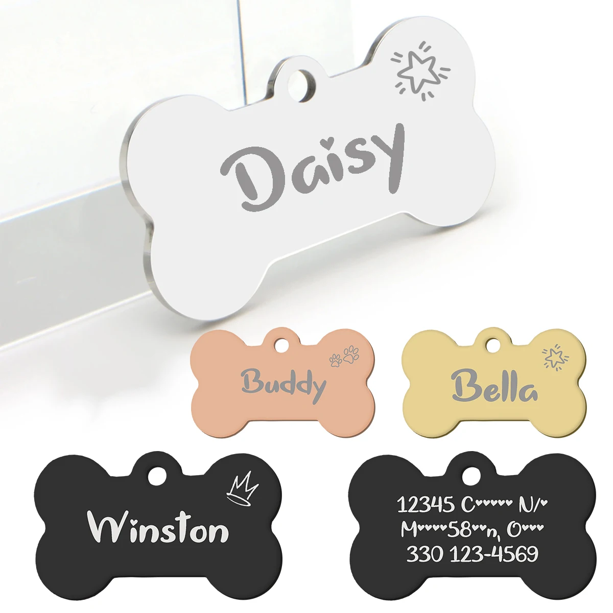 Personalized Name Tag Pet ID Tag for Cats & Dogs, Free Engraving, Stainless Steel Bone Shape 1005008893795854