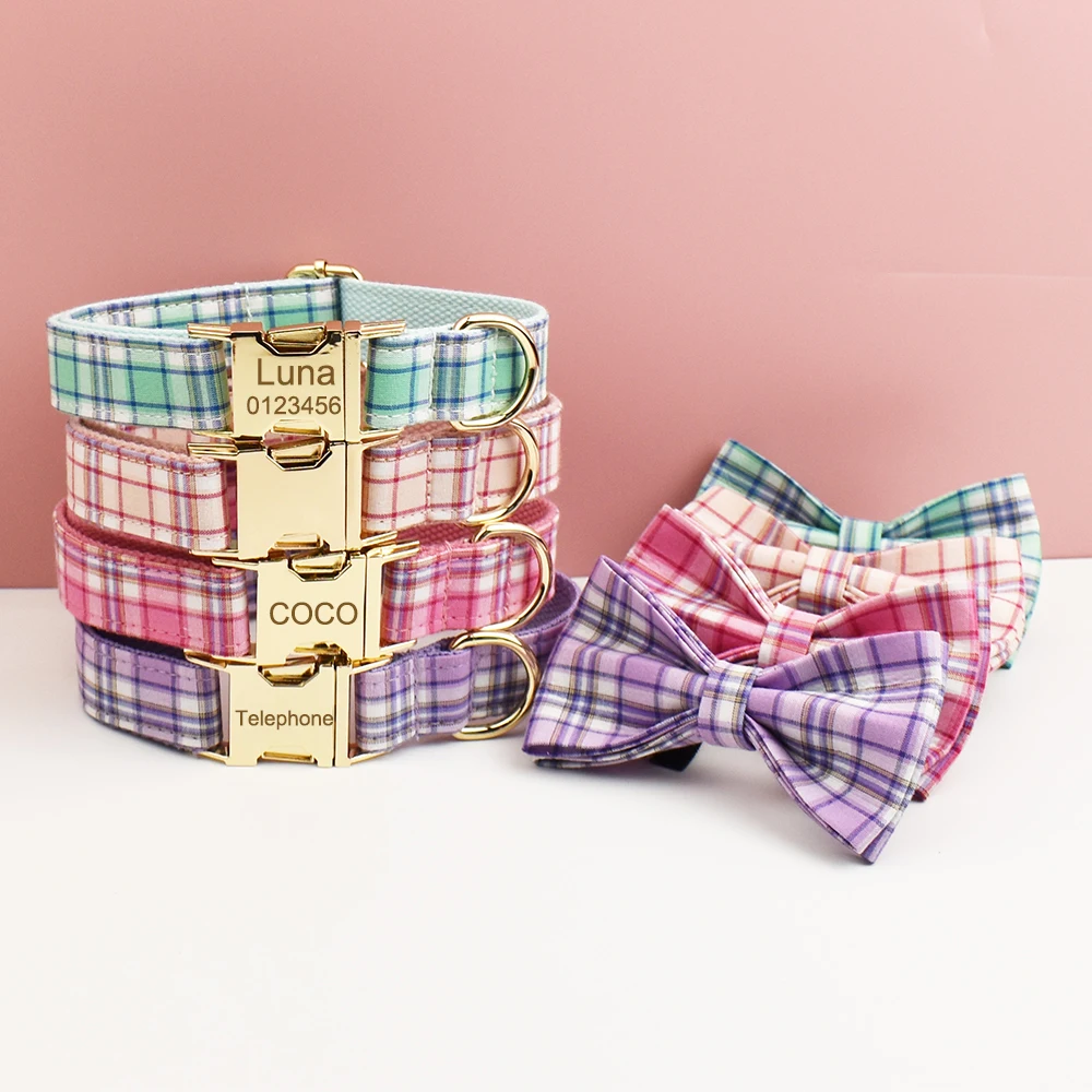 Plaid Dog Collar and Leash Set for Dogs Custom Engraved Nameplate Pet Supplies Dog Leash Grid 1005008979879414