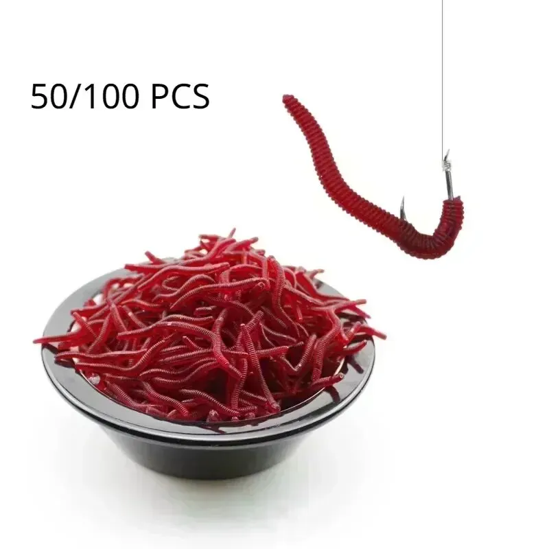 50/100PCS Soft Lure Bass Bream Bloodworm Fishing Earthworm Worm Rubber Red Worms Baits Fishy Smell 1005009009435614