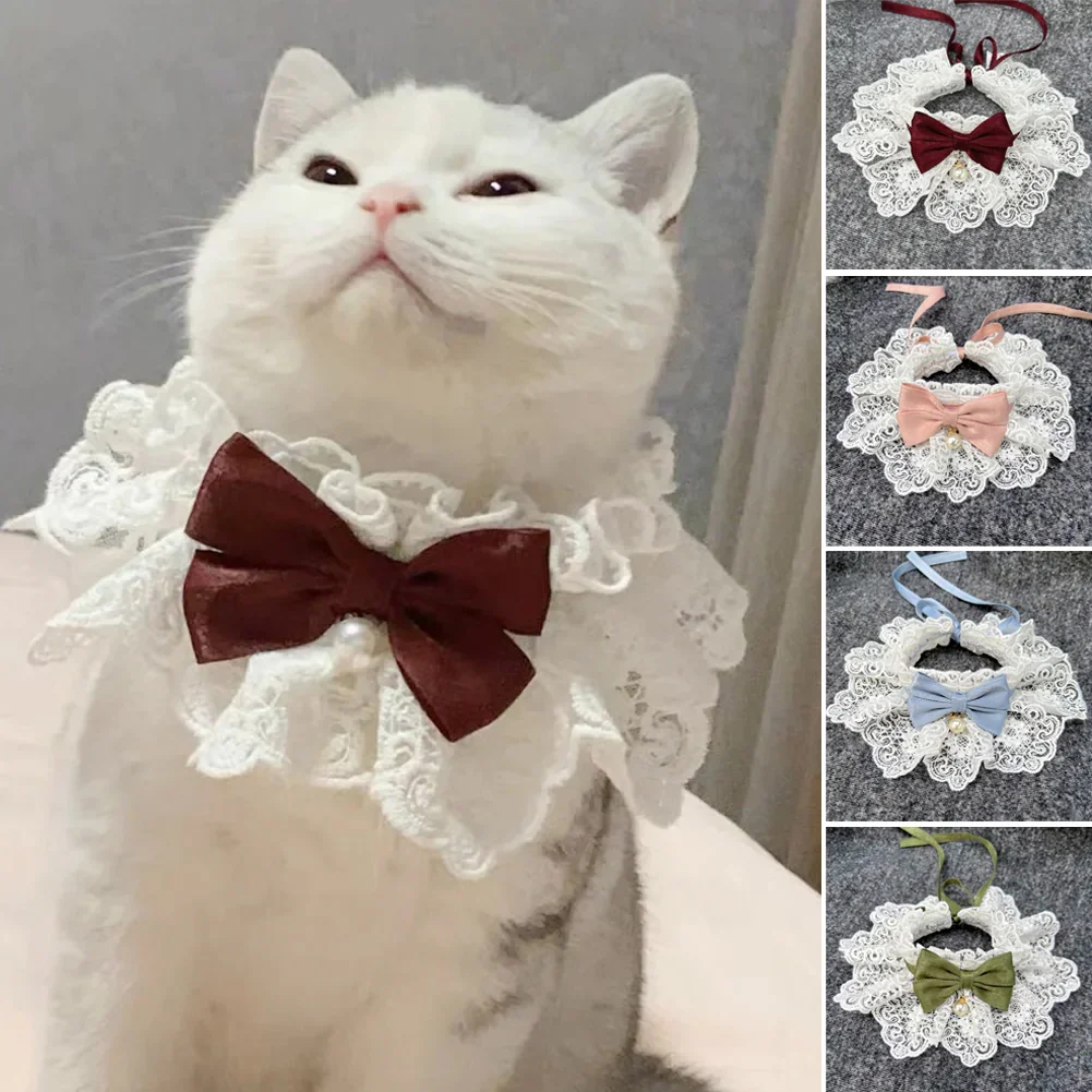 Lace Bowknot Pearl Collar Cat Dog Neckerchief Pet Cats Kitten Dog Puppy String Bib Necklace Necktie 1005009048631701