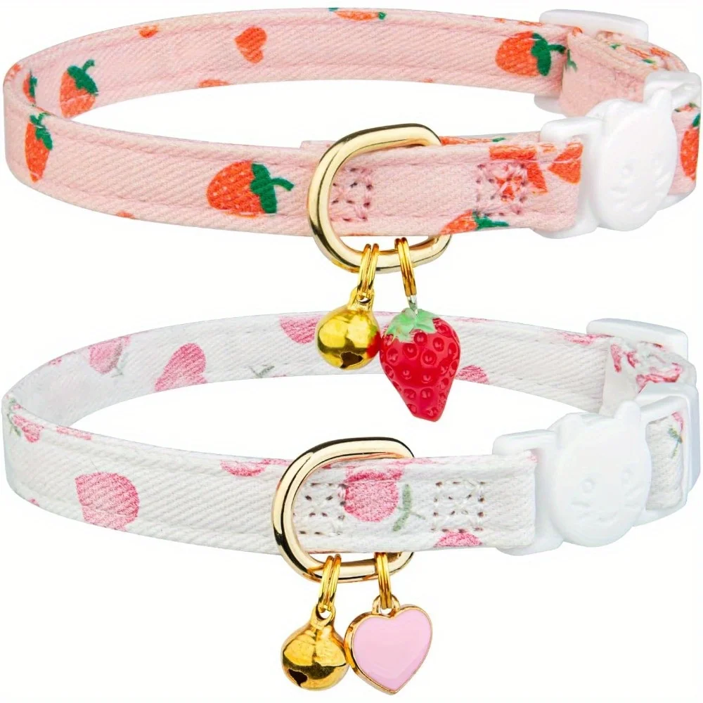 Cotton Breakaway Cat Collar Pink Strawberries and White Heart Shaped Pendant Cute Kitten (2 Pack) 1005009084398593