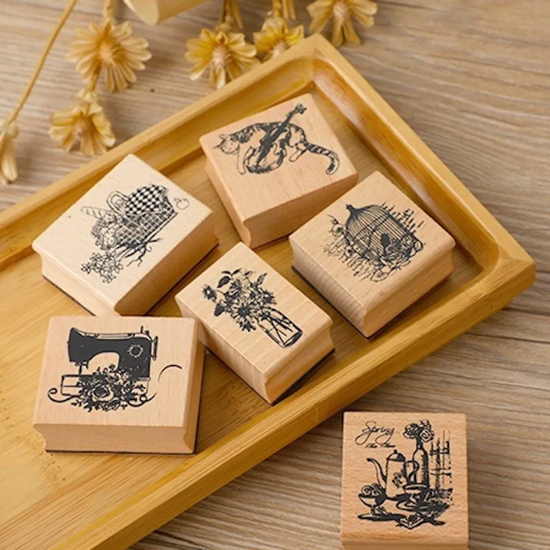 Vintage Cat Birdcage Design Wood Seal Stamp Tea Sets Vases Baskets for Journaling Decoration 1005009133810351