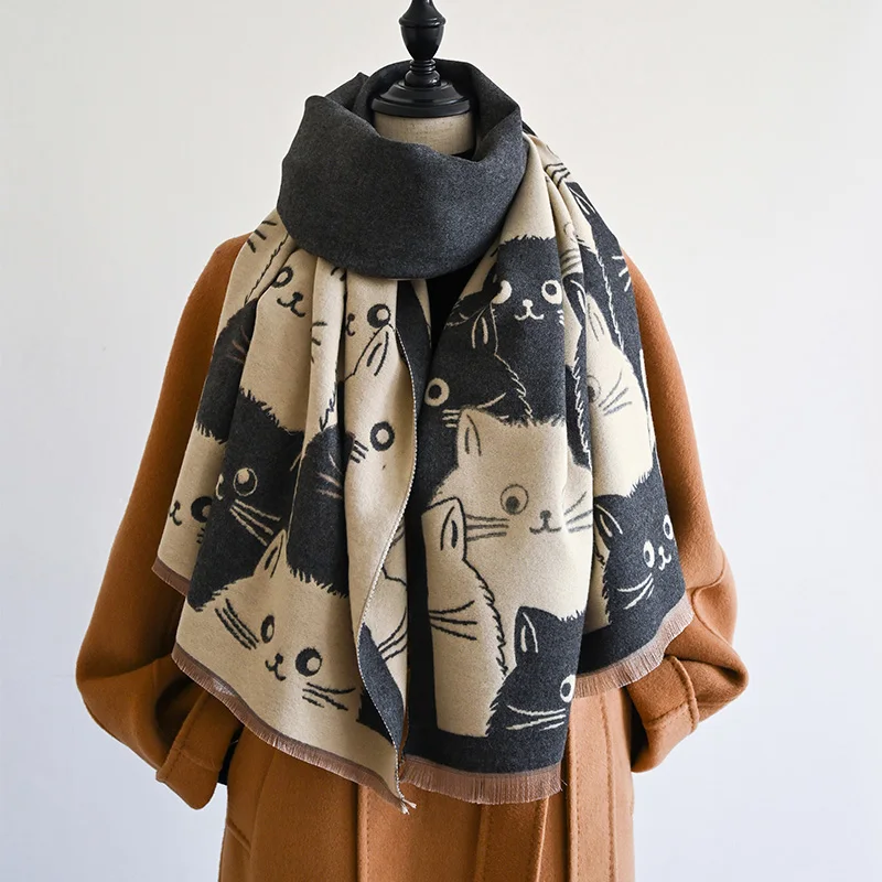 New Fashion Brand Cute Cat Ladies' Jacquard Pashmina Cashmere Scarf Winter Thick Warmth Shawl 1005009144139590