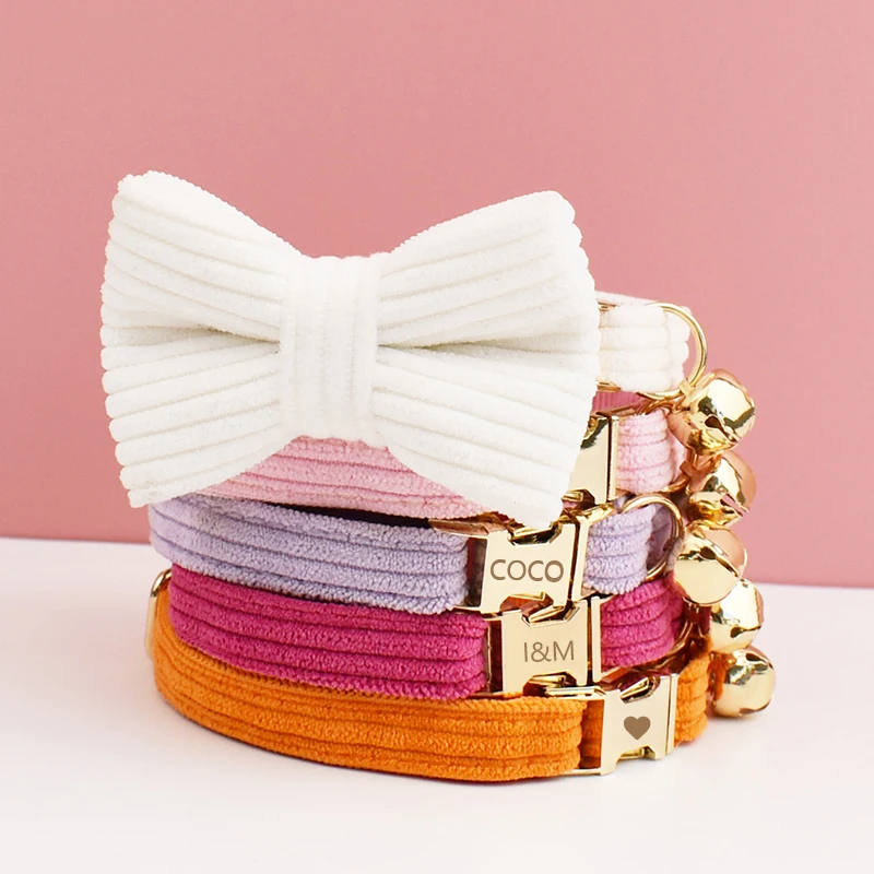 Corduroy Cat Collar with Name Plate Bell Bow Tie Personalized Custom Engraved Cat Collars for Cats 1005009147697142