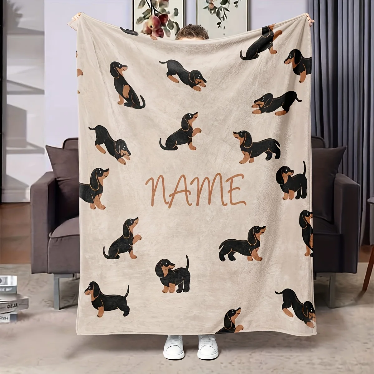 1pc Custom Name Blanket, Custom Name Dachshund Flannel Blanket Soft, Warm and Comfortable 1005009164589402