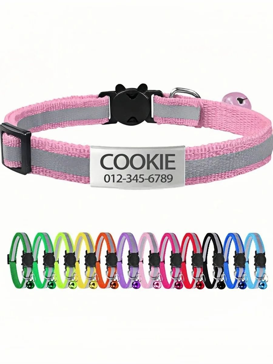 13 Colors Custom Engraved Reflective Cat Collar with Safety Buckle & Bell 1005009183174837