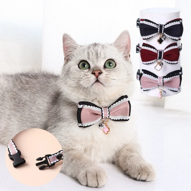 Cute Pet Cat Collar Adjustable Double Layered Bowknot Collar with Bell Cat Necklace Pet Puppy 1005009213421002