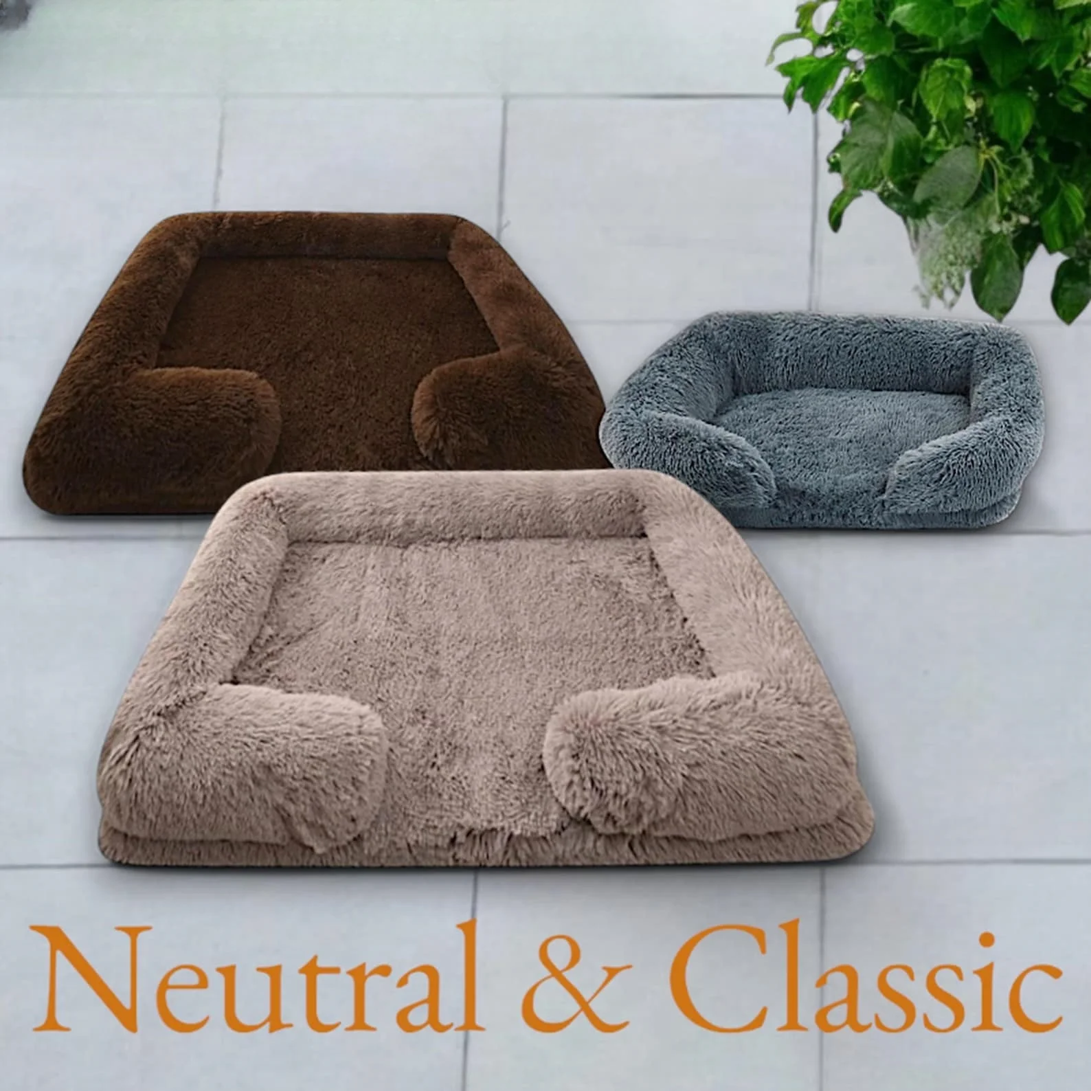 Sofa Style Furry Pet Bed, Rectangular Plush Dog Cat Bed in Warm Earthy Colours 1005009222021626