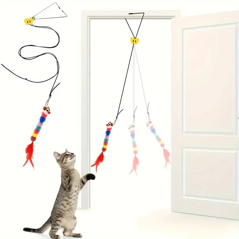 Interactive Cat Teaser Toy Adjustable Hanging Door Swing with Colorful Worms Plush for Indoor Cats 1005009253658469