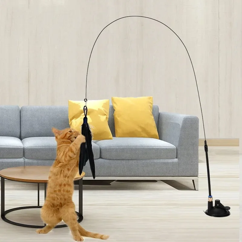 Suction Cup Cat Teasing Stick Cat Toy Interactive Feather Toy Cat Rod Steel Wire 1005009284071175