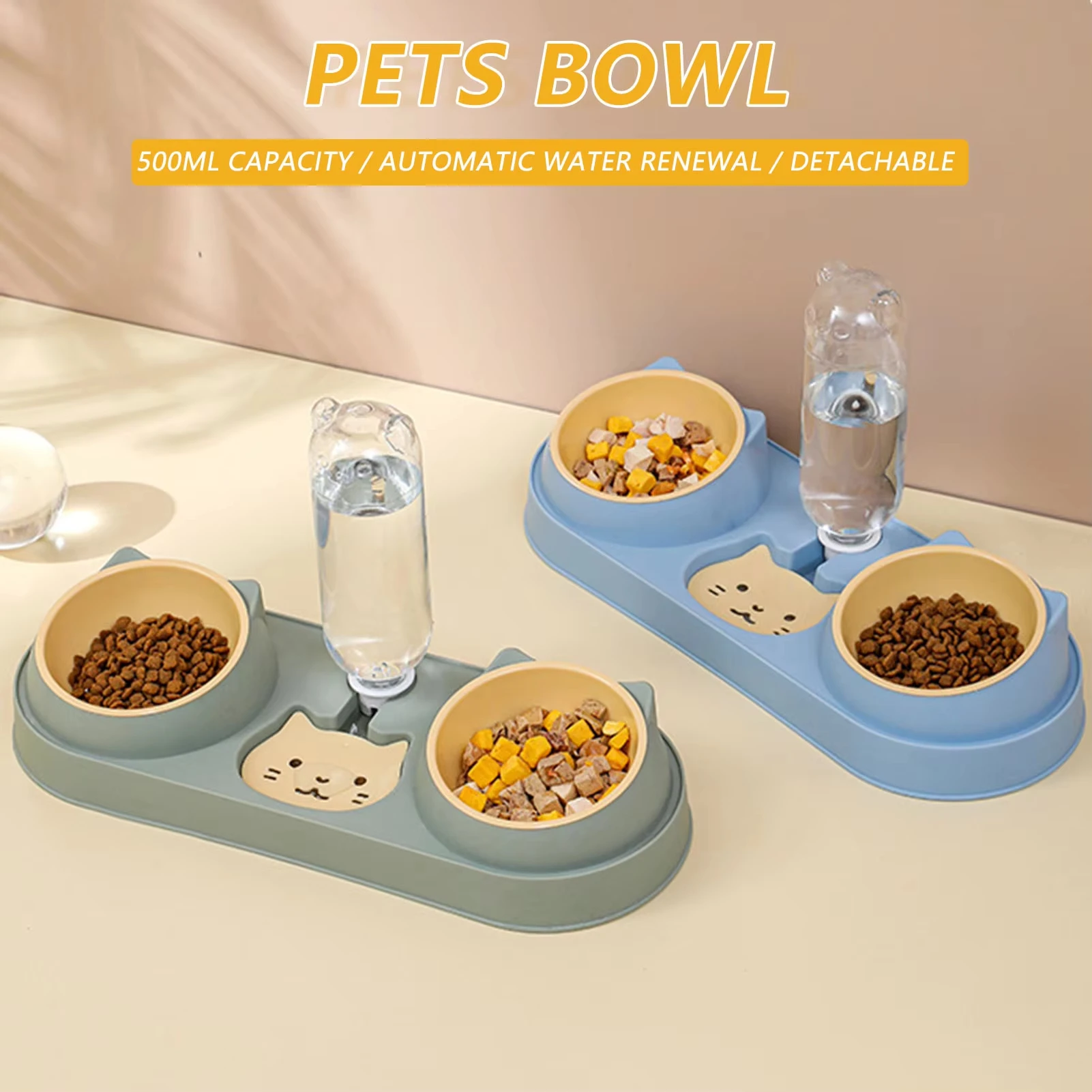 Pet Cat Bowl Automatic Feeder Dog Food Bowl with Water Fountain Double Bowl Drinking Raised Stand 1005009296559552