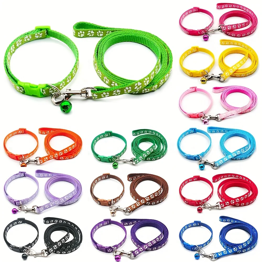 Adorable Paw Print Dog Collar and Leash Set, Durable Nylon, Comfy Fit with Bell 1005009310525227