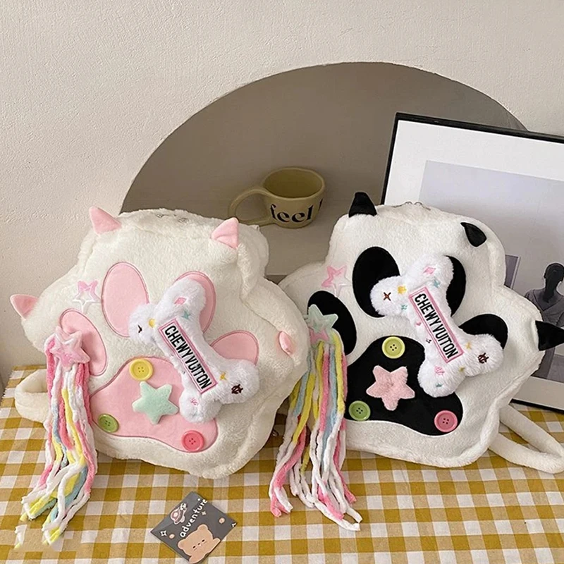 Cute Cat Paw Plush Backpack with Adjustable Straps Kawaii Bag Soft Furry Purse Cartoon Backpack 1005009332082382