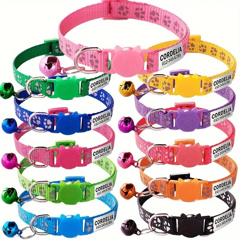Custom Reflective Paw Cat Collar Personalized ID Adjustable Safety Buckle with Bell Free Engraving 1005009345468002
