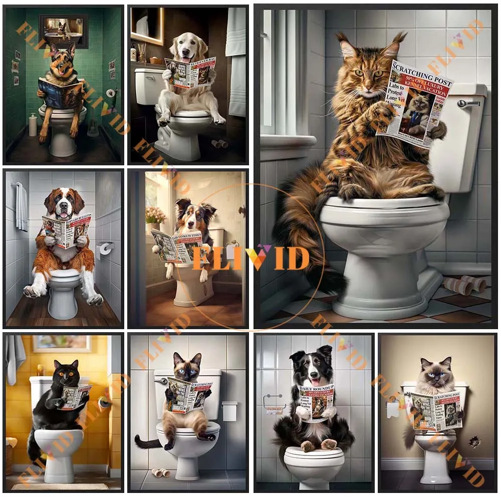 Funny Cat Dog Pet Animals on Toilet Poster Wall Pictures For WC Restroom Washroom Room Decor Wall 1005009346450315