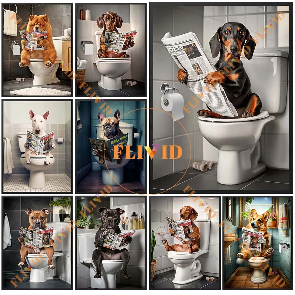 Funny Dachshund Dog on Toilet Animals Poster Wall Pictures For Restroom WC Washroom Room Decor Wall 1005009346872180