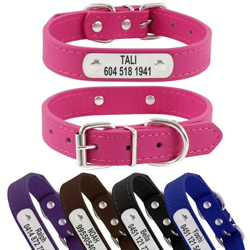 Customized Dog Collar Name Carved ID Tag Anti-lost Solid PU Leather Collar For Small Medium Large 1005009352106949