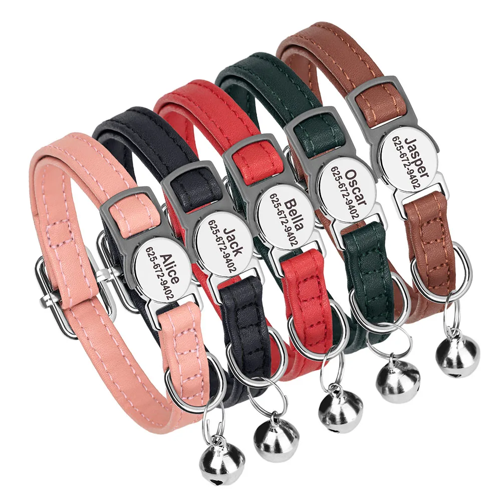 Custom Cat Collar Personalized PU Leather Kitten Puppy Collars Free Engraved ID Nameplate Necklace 1005009382475742