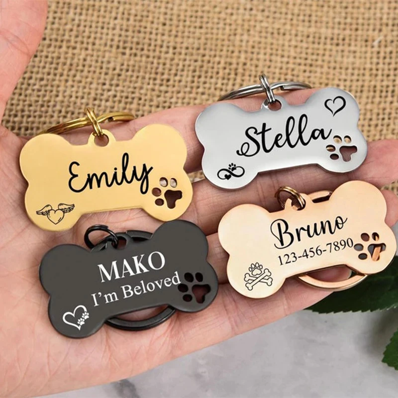 WLP Customized Pet Dog Cat Name ID Tag Engraved Keychain Stainless Steel Paw Bone Carving Memorial 1005009393986102