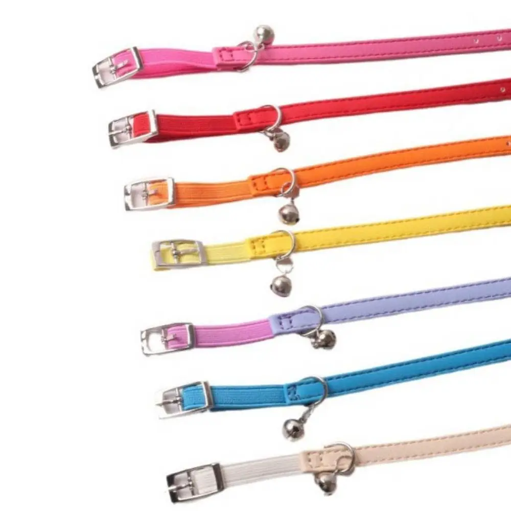 Small Cat Collar Elastic Webbing Macaron Color Pet Collar with Bells Adjustable PU Leather Collar 1005009426729416