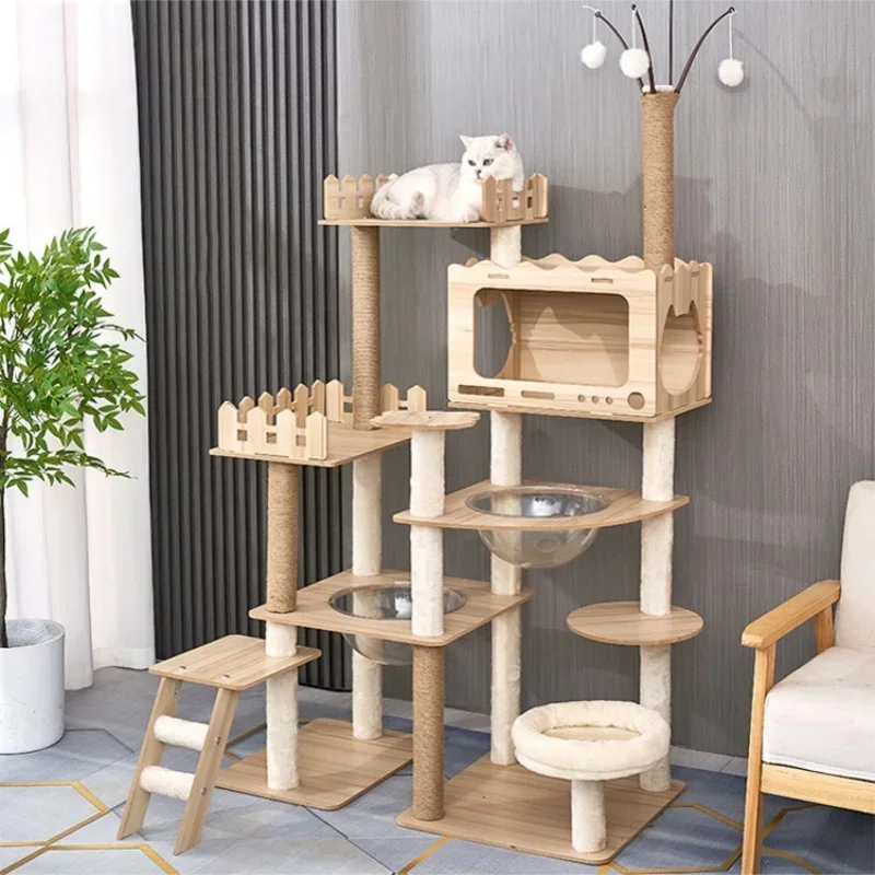 Large Wooden Cat Tree with Space Pod Multi Level Cat Tower Scratching Posts Durable Cat Furniture 1005009444013184