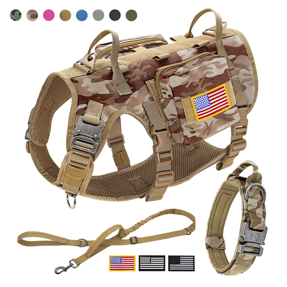Military Tactical Dog Harness Collar Leash Set with Pouches Flags Durable Pet Harnesses Vest 1005009461936345