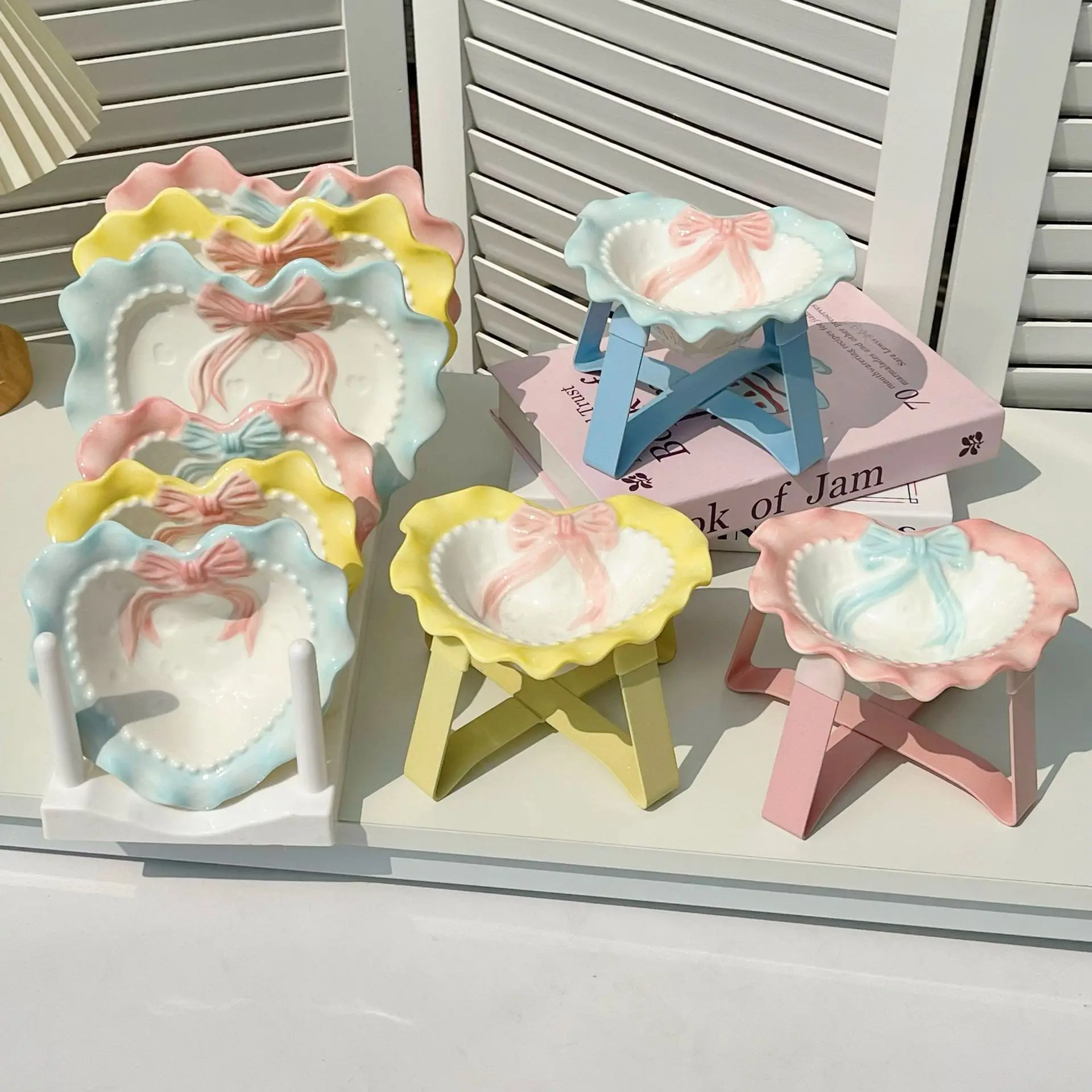 Bow Shaped Love Ceramic Cat Bowl, Dopamine Large Caliber with Elevated Height 1005009501489715