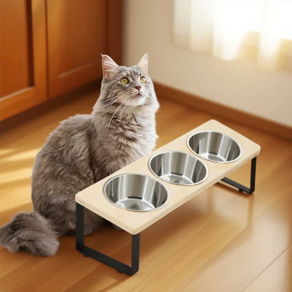 Elevated Cat Bowls with 3 Stainless Steel Bowls 15° Tilted Anti-Vomiting Raised Cat Food Bowl for 1005009532017277
