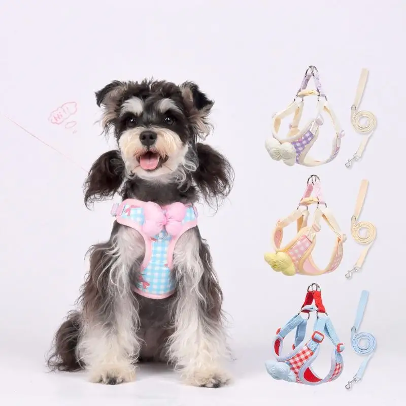 Cute Checkered Bow Tie Dog Harness Anti-Pull Dog Collars Adjustable Pet Harnesses Vest for Small 1005009585466907