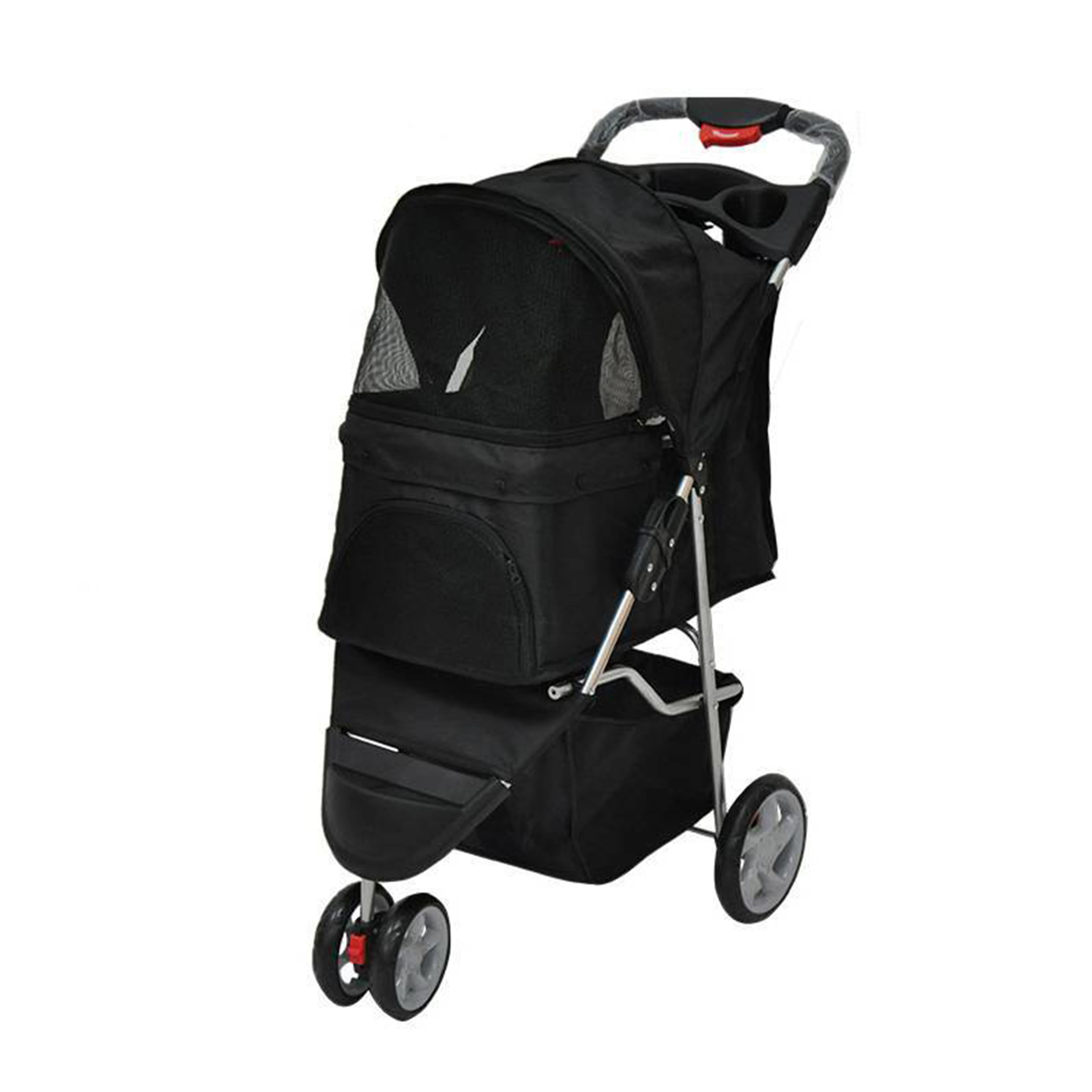 Three-wheeled, collapsible pet stroller with pneumatic tires, two-seater, metallic finish 1005009607620748