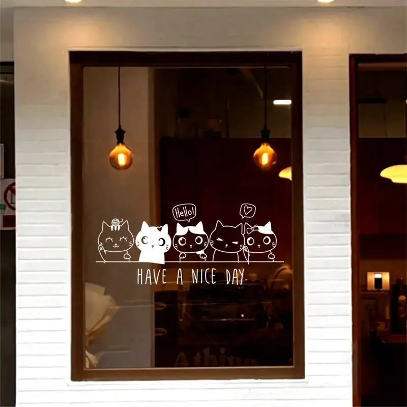 Cute Cat Cafe Pet Shop Glass Door Sticker Coffee Shop Window Decoration Push-Pull Door 1005009619520259
