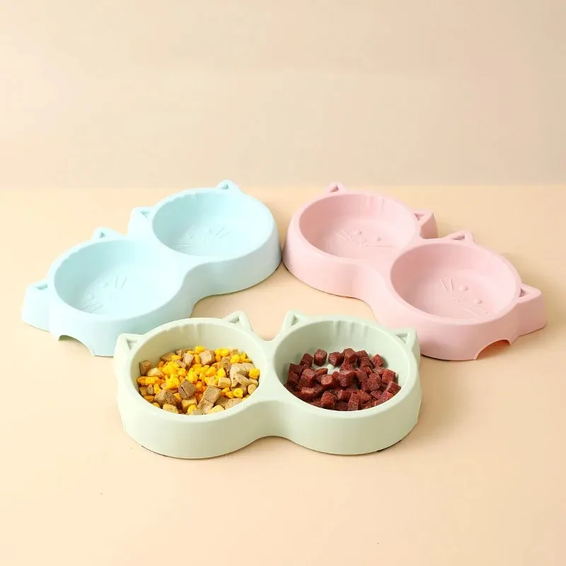 Cat Feeder Accessories Pet Supplies Pet Cat Double Bowl Material Cartoon Cat Face Shape Food Water 1005009628208677