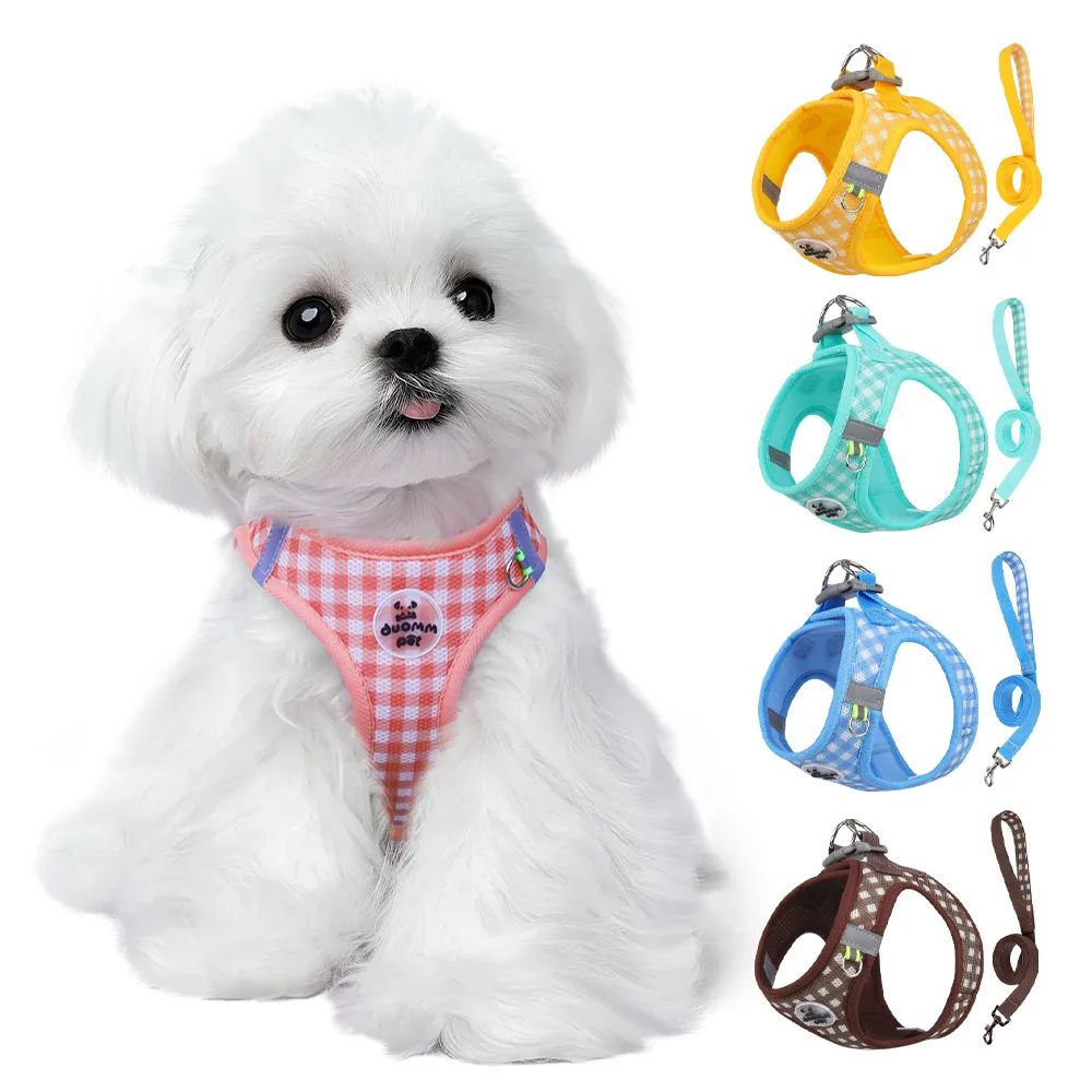 Checked Harness Small Medium-Sized Dog Cat Reflective Breathable Dog Lead Teddy Step In Bichon Pet 1005009630851451