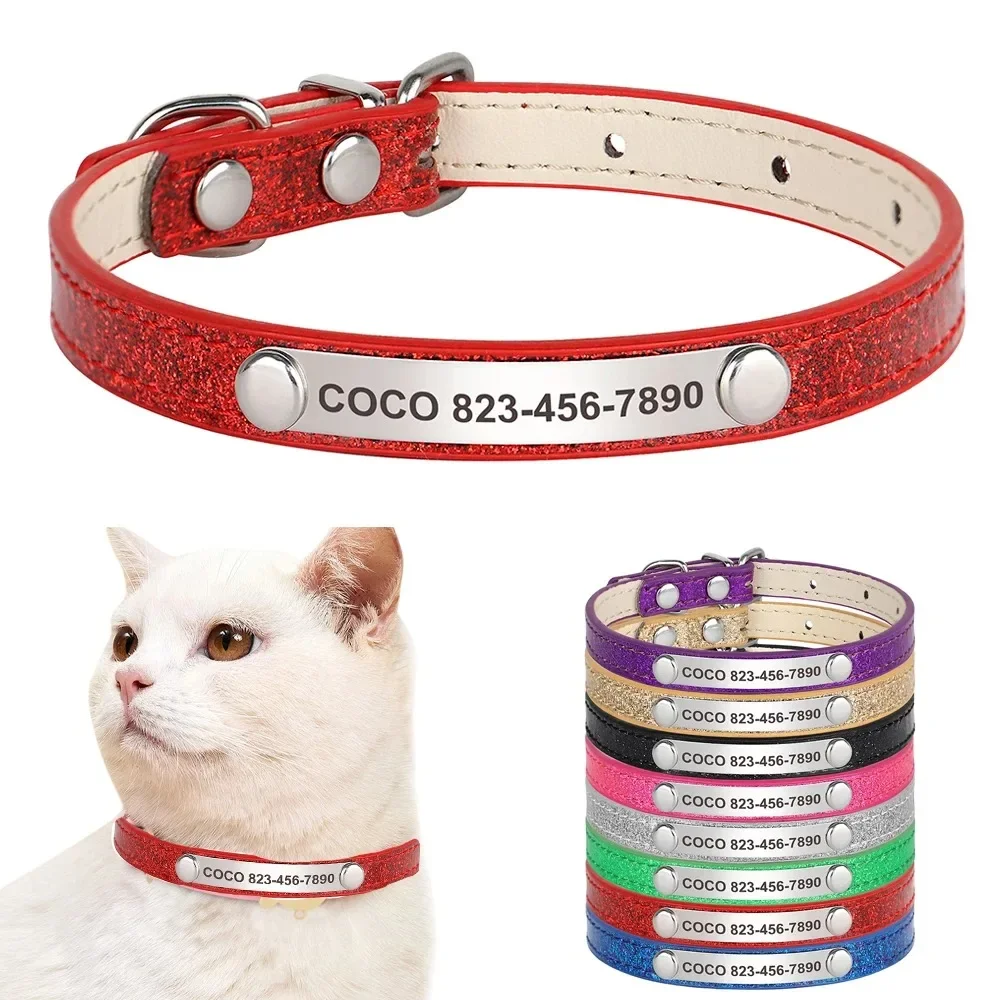 Custom Cat Collar Bling Leather Pet Cat Collars Personalized Carved Kitten Small Dogs Puppy 1005009641080238