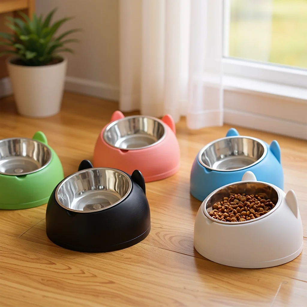 1pc Elevated Stainless Steel Cat Bowl, Inclined Food & Water Dish with Cute Ear Stand 1005009679643535