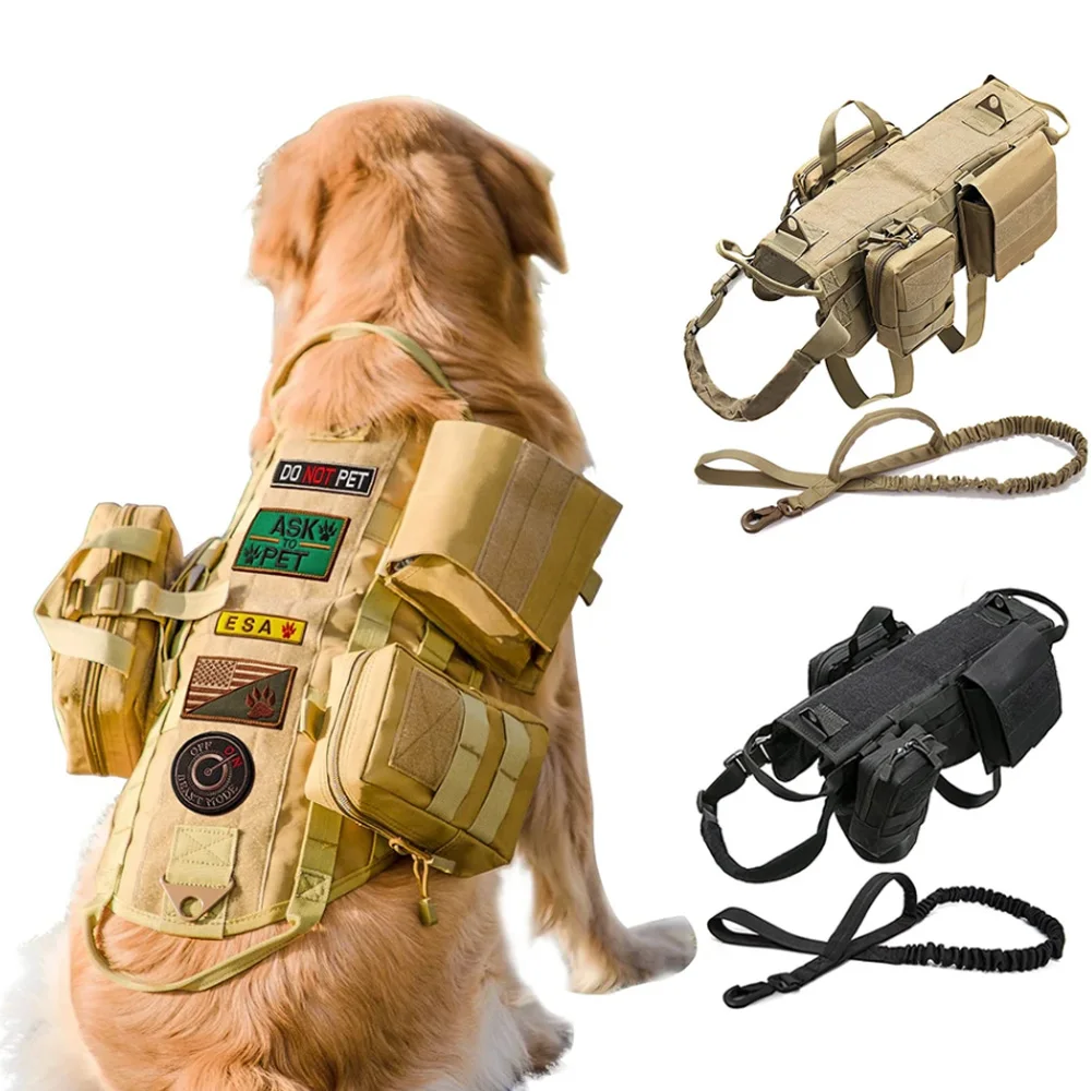 Large Dog Tactical Harness & Leash with MOLLE Pouches Military Vest Handle Service Gear 1005009690804418