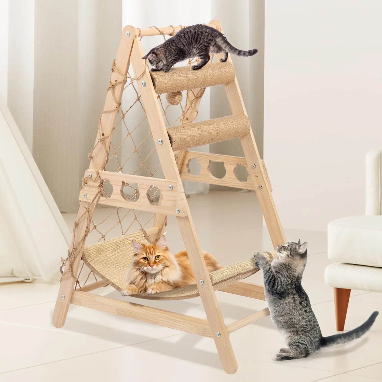 Solid Wood Cat Tree Tower with Sisal Scratching Post Hammock Climbing Net and Toys 1005009693826708