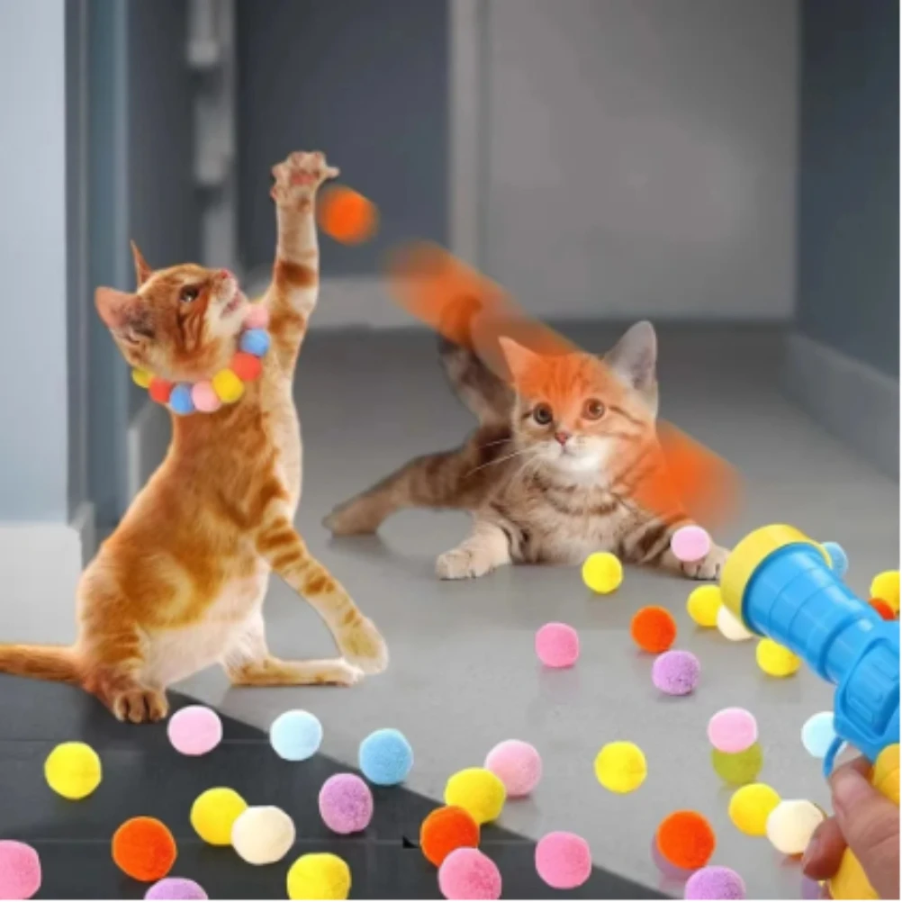 Cat Toy Ball Launcher Gun with 50-100Pc Pom Pom Plush Balls Interactive Fetch Shooting Gun for Cats 1005009726926783