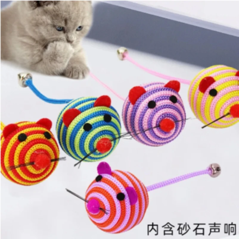 Pet Cat Toys Stripe Nylon Rope Round Ball Mouse Toy with Bell Chew Interactive Products Gatos 1005009726933056