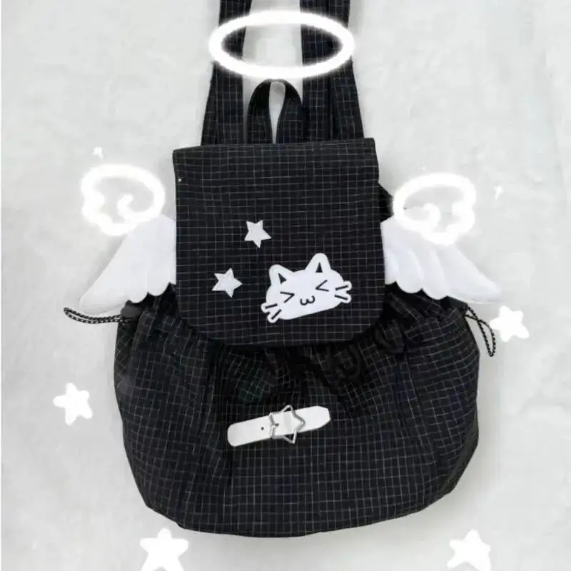 Embroidered Cat Backpack Black White Checkered Style Lightweight Cute Small Shoulders Versatile 1005009816345536