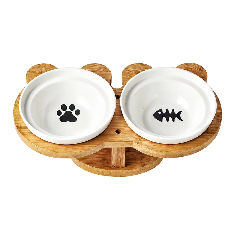 New Amboo Wood Ceramics Cat Bowl Pet Supplies Double Bowls Food Water Bowl Protection Spine High 1005009837435650