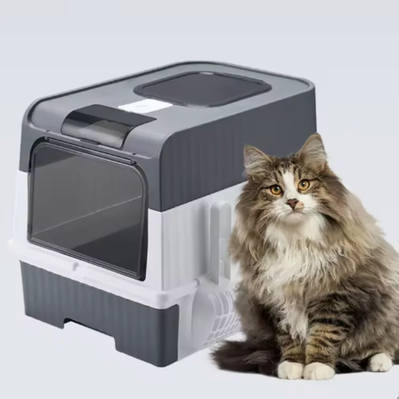 Cat Litter Box with Scoop, Large Foldable Litter Box with Lid, Front Entry Top Exit Kitty Box 1005009840270931