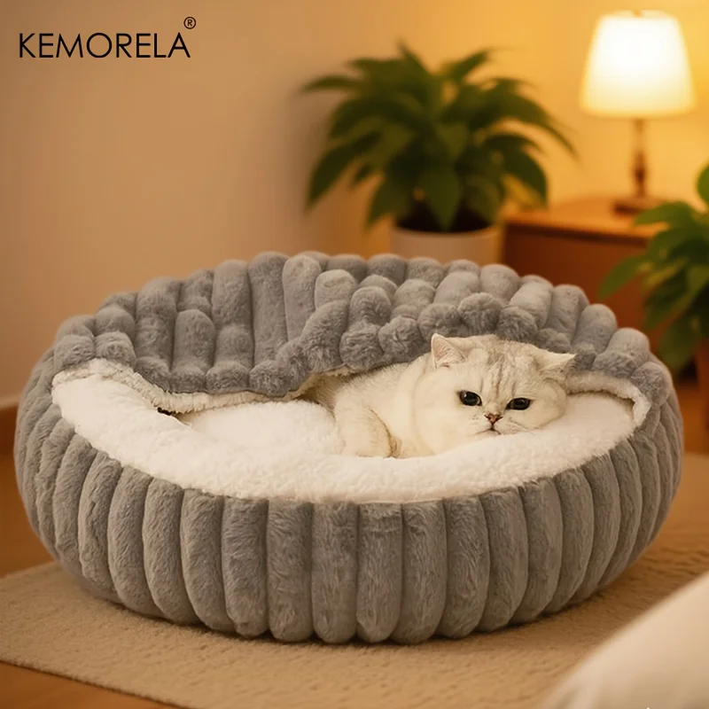 KEMORELA Warm Round Hooded Kitten Bed Non-Slip Cat Cave Indoor Puppy Sleeping Quilted Cushion 1005009849962711