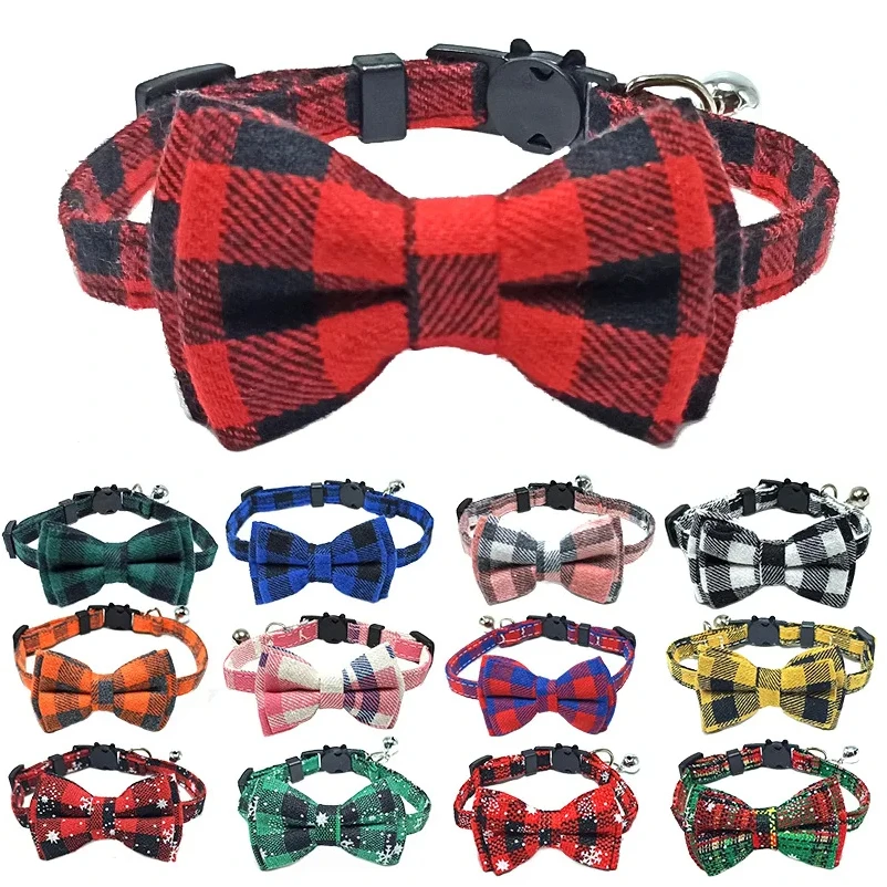 Pet Breakaway Cat Collar Bow Tie and Bell Cute Plaid Christmas Red Elastic Adjustable Dog Collar 1005009852673528