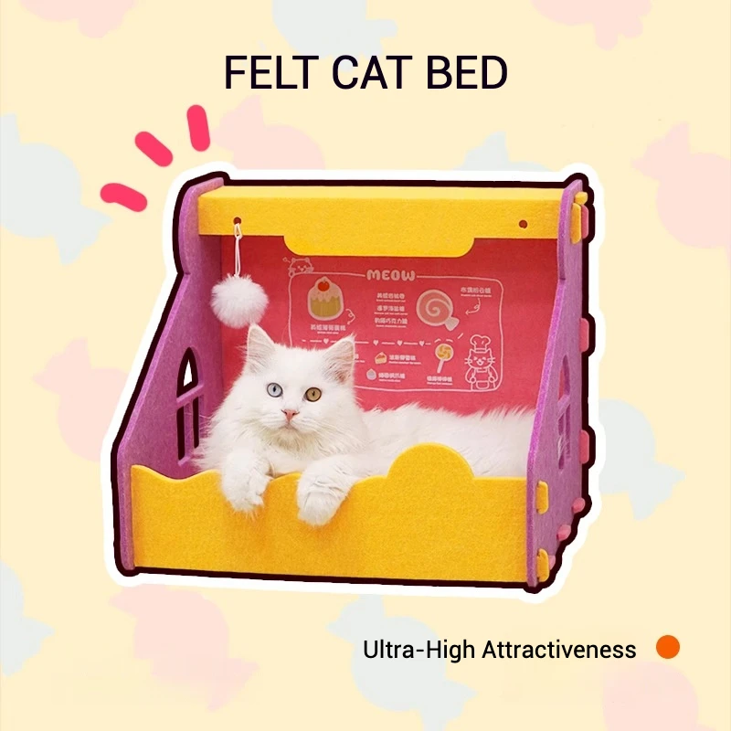 Felt Cat Bed House with Window Design Breathable Cozy Cave with Bell Toy Scratch Resistant Pet Nest 1005009878995442