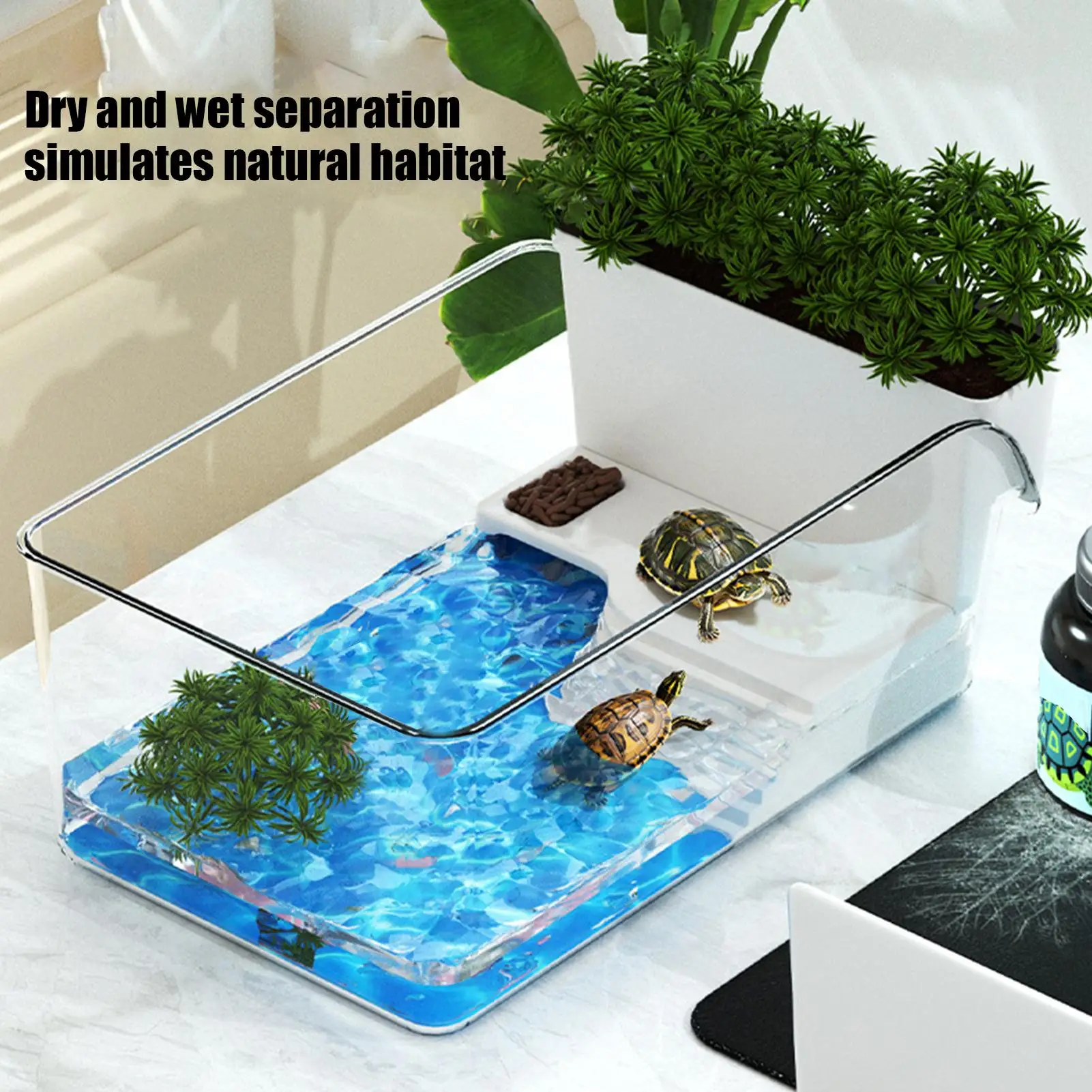 Turtle Tank with Basking Area, Transparent Reptile Terrarium Habitat for Pet Turtles, Hermit Crabs 1005009886306935