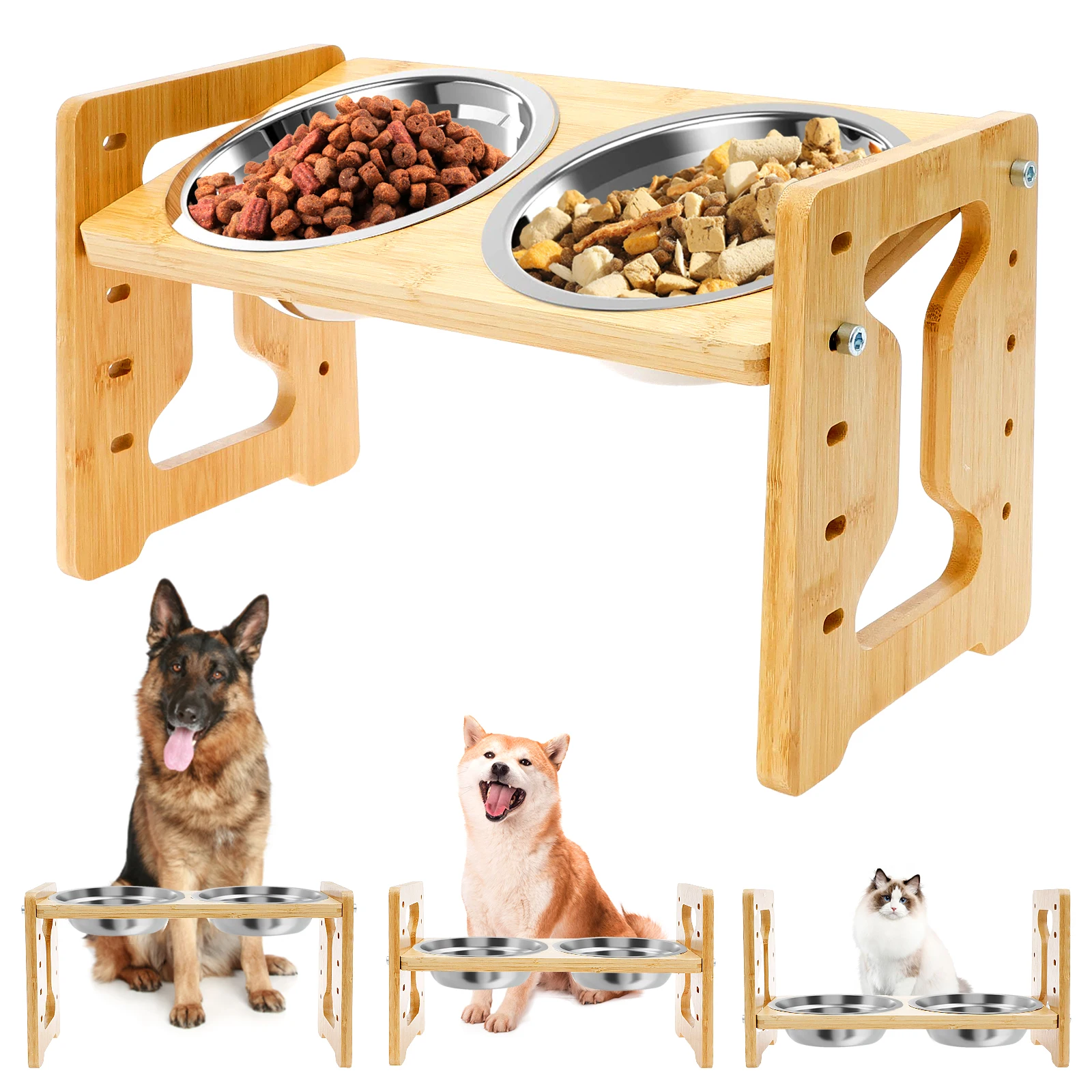 Wooden Elevated Cat Dog feeder Bowl Stand with 2 Stainless Steel Feeder bowl for Dry Wet Food Water 1005009918925813
